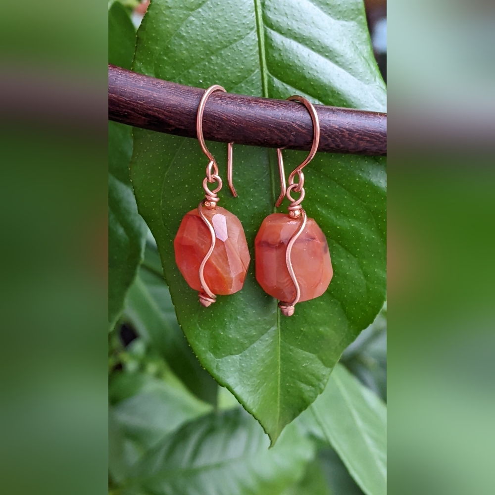 Carnelian Gem Earrings - Fall Style- Artisan Crafted In  Copper
